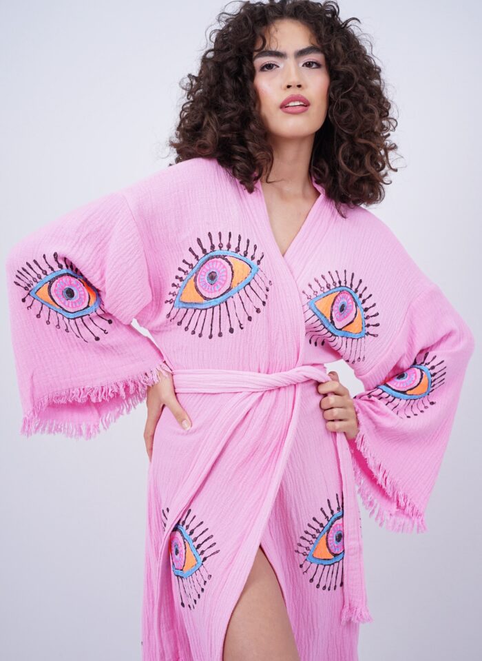 Handmade Evil Eye Boho Festival Kimono Light Pink, Boho Beachwear, Beachwear Cover Up, Ethnic Kimono, Cardigan, Bathrobe, Morning Robe, Spa Robe