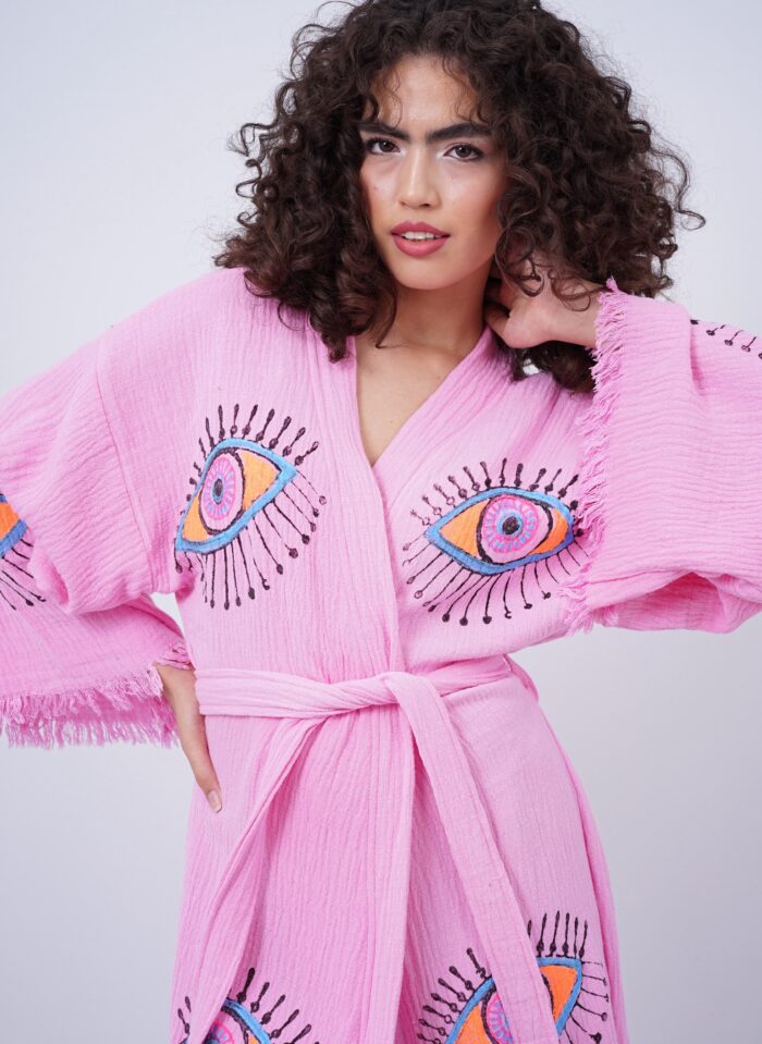 Handmade Evil Eye Boho Festival Kimono Light Pink, Boho Beachwear, Beachwear Cover Up, Ethnic Kimono, Cardigan, Bathrobe, Morning Robe, Spa Robe